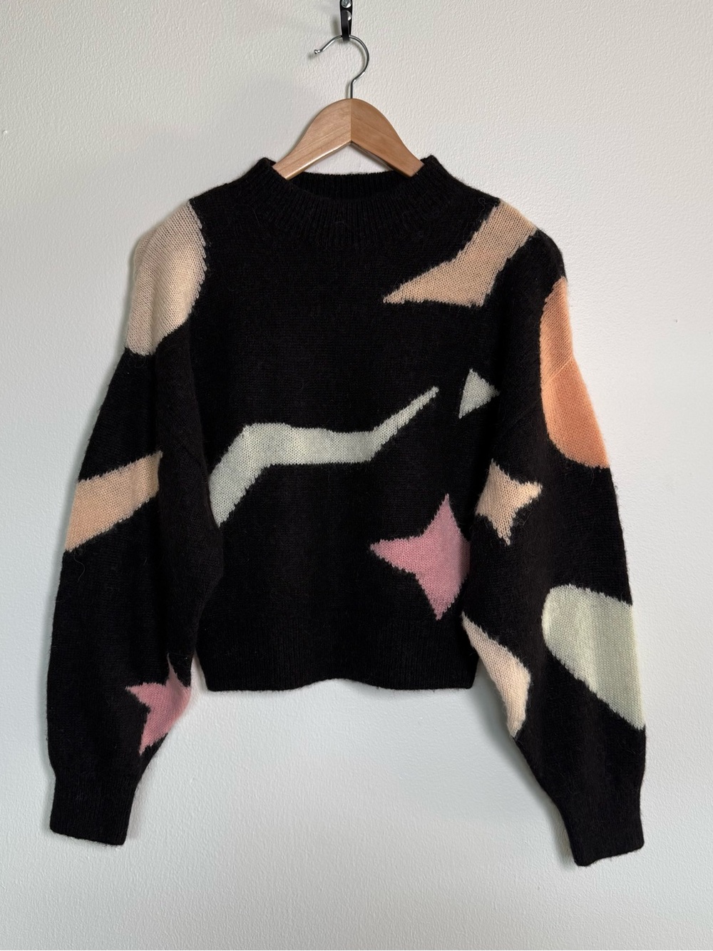 Black Abstract Colorblock Crewneck Sweater - Women